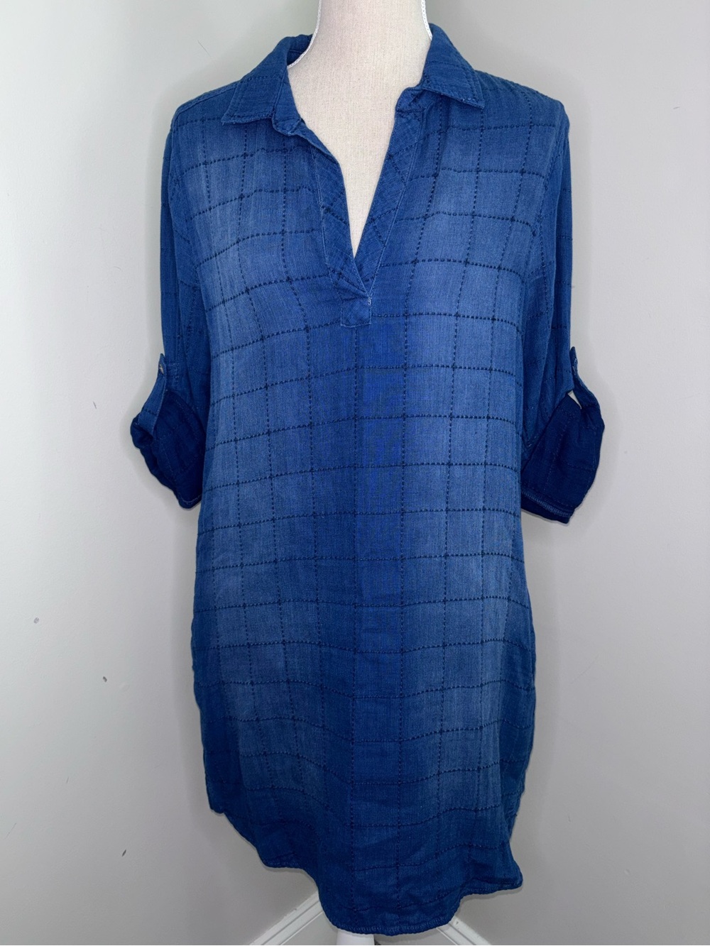 Side Stitch chambray blue quilted cotton shirt dress roll tab sleeves size Small